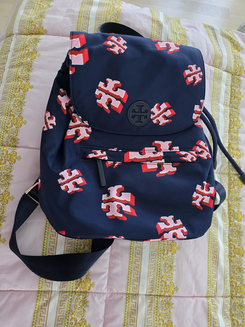 Tory Burch Navy Backpack with Red and White Logo Print